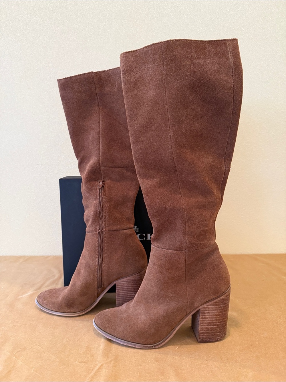 Women's Brown Suede Mid-Calf Block Heel Boots